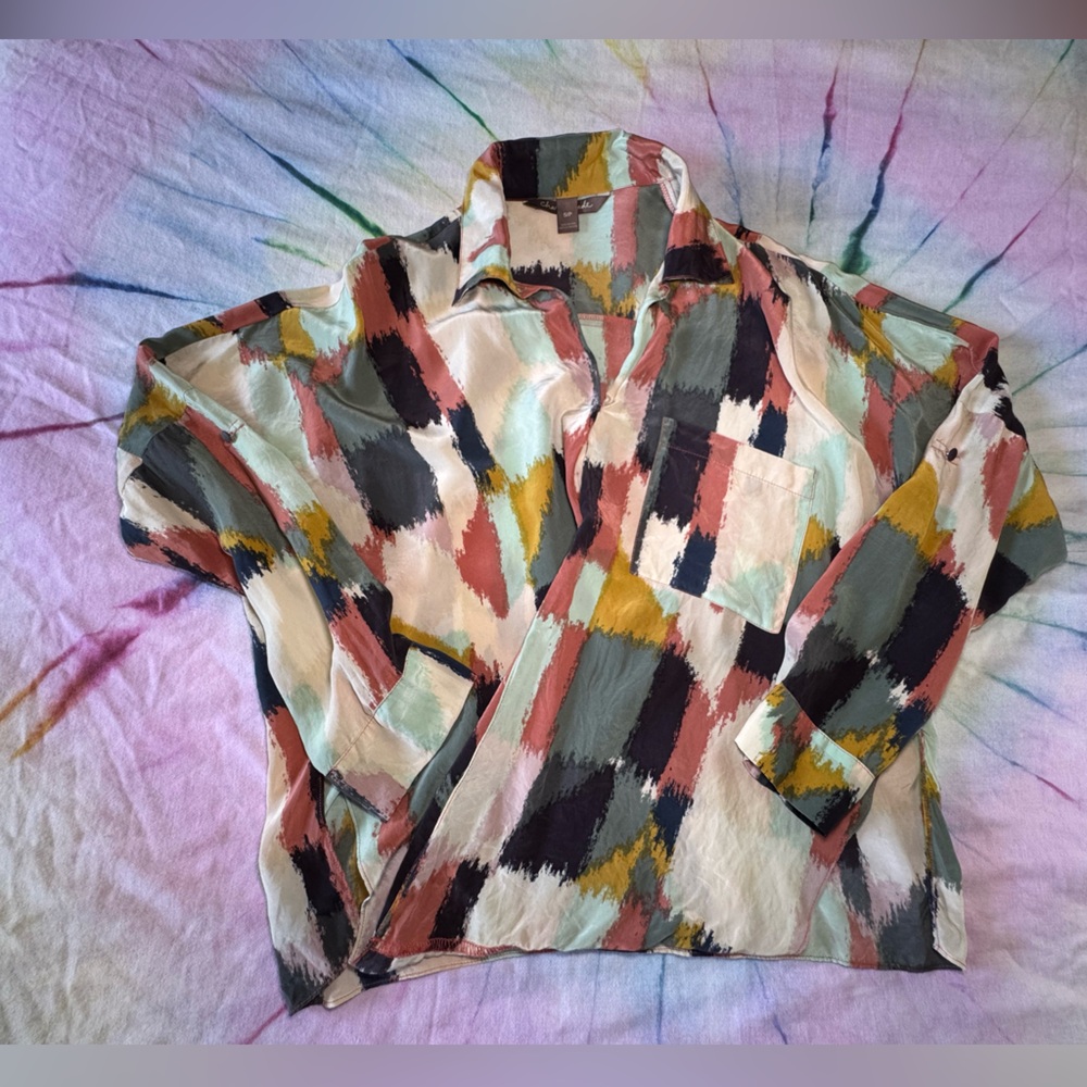 Vintage Silk Charlie Jade Fall Abstract Brushstroke Faux Wrap Statement Blouse
